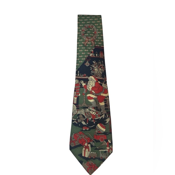 Mens Necktie Navy Silk ROOSTER Santa Clause  up on the rooftop TIE - Picture 1 of 3